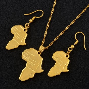 Anniyo Africa Map Jewelry set Pendant Necklaces Earrings Gold Color Map of African Ethiopian Nigeria Sudan Congo sets